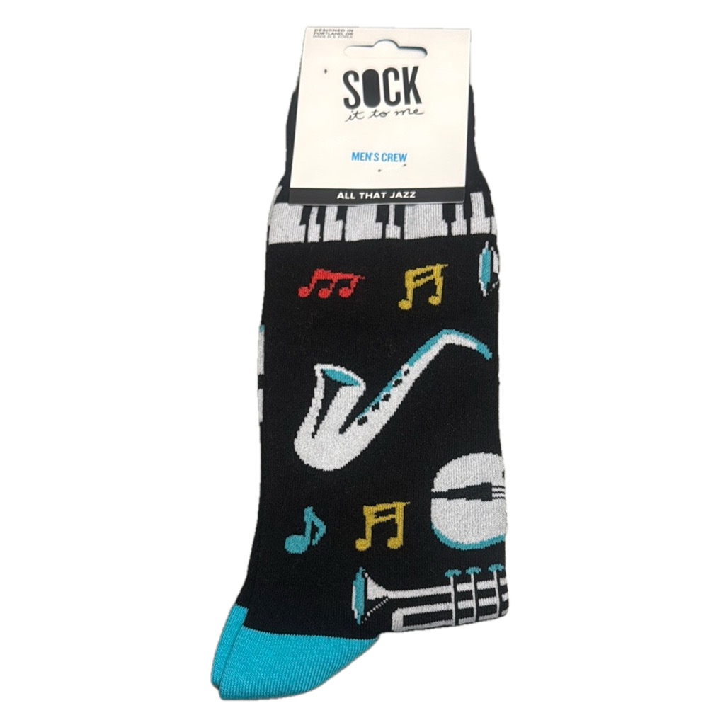 Sock It To Me Men's Crew Socks - Black with Musical Notes and Instruments